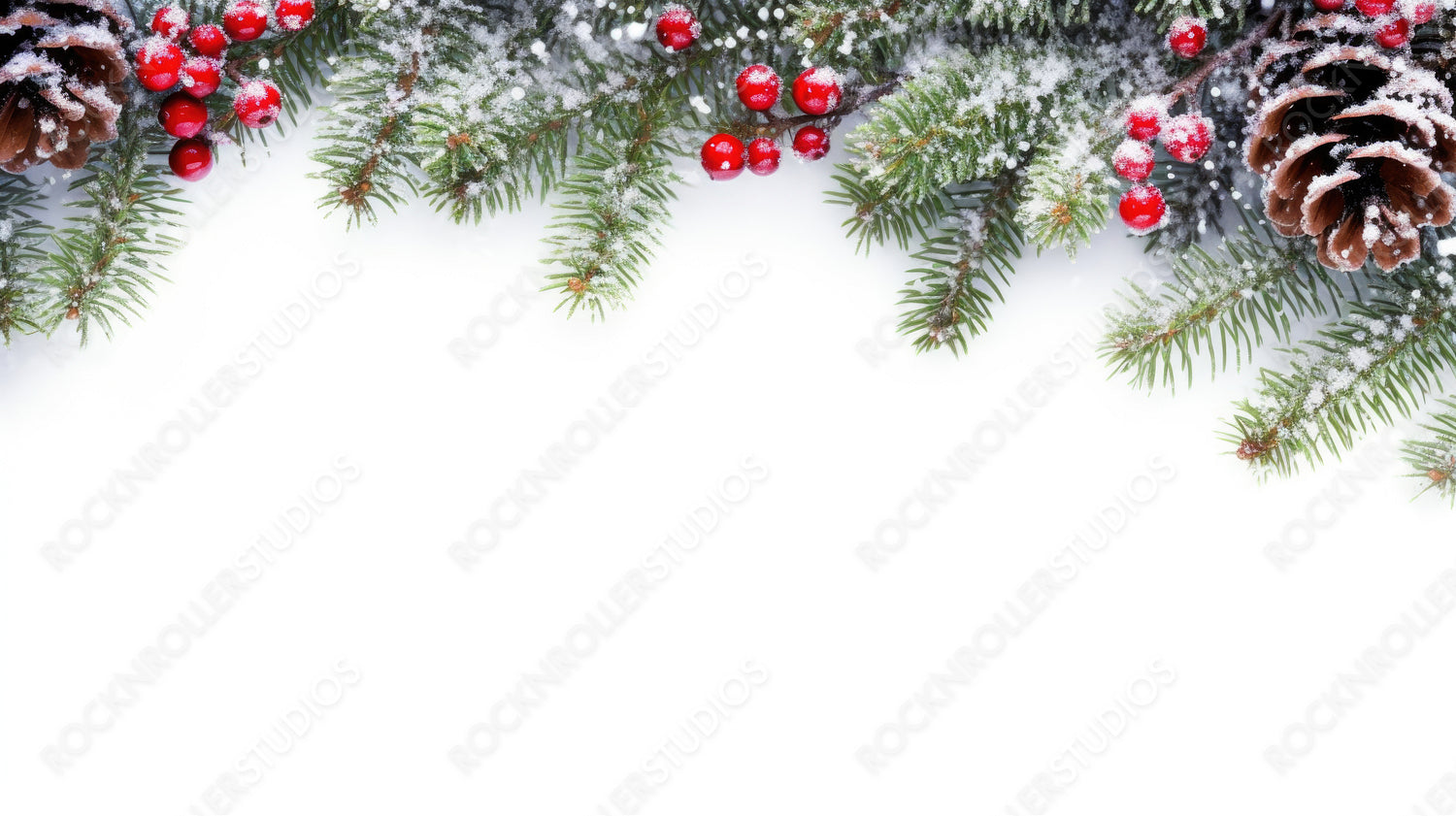 Festive Christmas border frame - green fir branches decorated with red berries and cones,covered with snow, isolated on white, copy space.