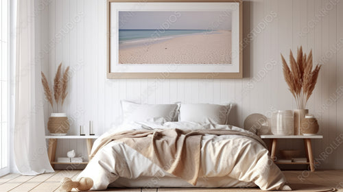 Coastal Bedroom. Contemporary Interior Design Background. Generative AI.