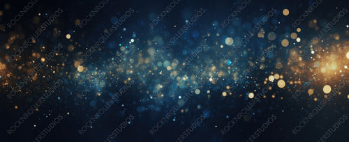 Background of Abstract Glitter Lights. Blue, Gold and Black. De Focused. Banner
