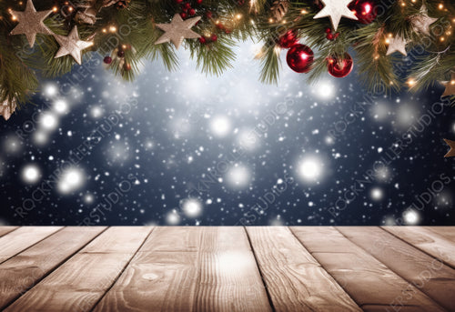 Festive Christmas stage scene background framing. Fir branches decorated with stars and red baubels and empty wooden flooring platform. Beautiful round bokeh, copy space.