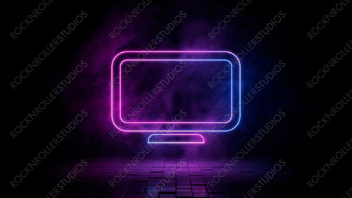 Pink and blue neon light display icon. Vibrant colored monitor technology symbol, isolated on a black background. 3D Render