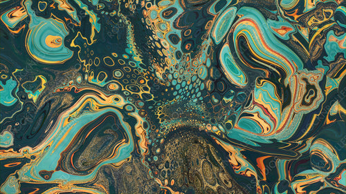 Beautiful Green and Orange Paint Swirls with Gold Powder. Abstract Marbling Background.