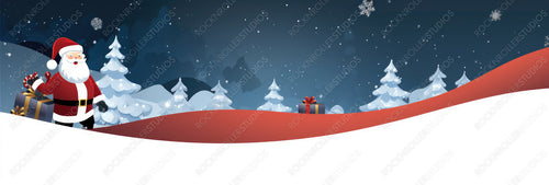 Santa Claus with Christmas Gifts at Snow Fall. Merry Christmas Illustration.