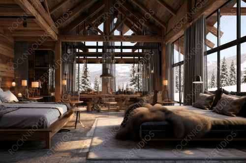 Cozy Ski Chalet Background. Stylish Interior Design. Generative AI.