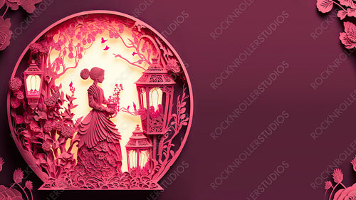 Lady in a Pink Floral Design. Elegant Paper Craft Wallpaper with Lanterns and copy-space, to Celebrate International Woman's Day. Generative AI
