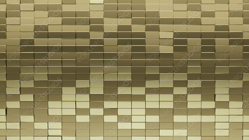 3D, Luxurious Mosaic Tiles arranged in the shape of a wall. Gold, Rectangular, Blocks stacked to create a Glossy block background. 3D Render