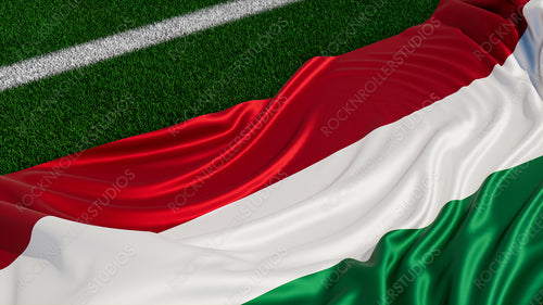 Flag of Hungary on a Sports field. Grass Pitch with a Hungarian Flag. Euro 2020 Football Background.