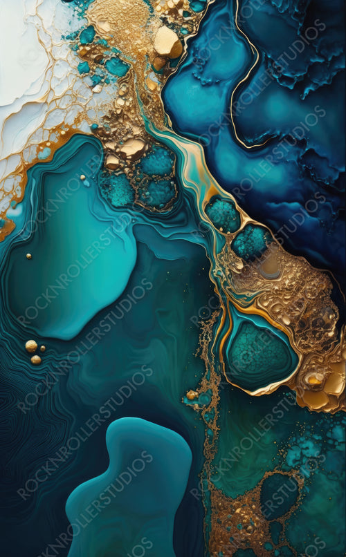 Flowing Elegant Art Background in Beautiful Teal and Blue colors. Liquid texture with Gold Glitter. Generative AI.