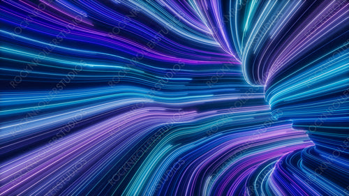 Colorful Neon Lines Tunnel with Lilac, Turquoise and Blue Stripes. 3D Render.