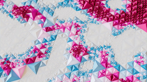 Bright Futuristic Surface with Tetrahedrons. White, Blue and Pink Three-Dimensional 3d Background.