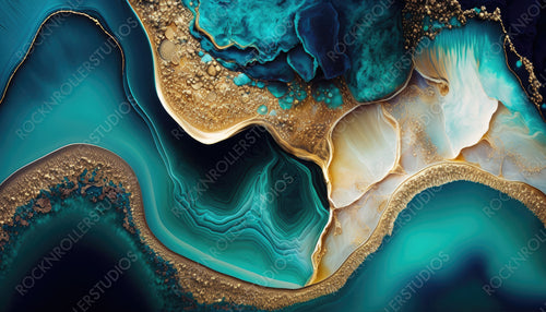 Liquid Swirls in Beautiful Teal and Blue colors, with Gold Glitter. Abstract Design Background. Generative AI.