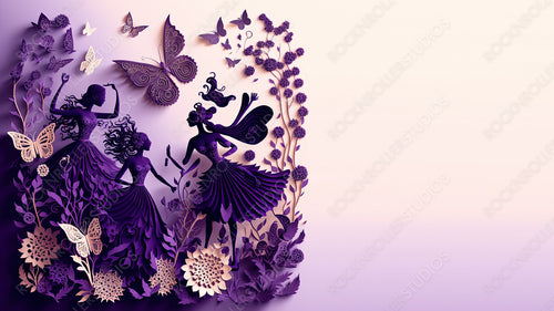 Elegant Paper Cut Background to Celebrate International Woman's Day. Purple Floral Design with Dancing Women, Flowers and copy-space. Generative AI.