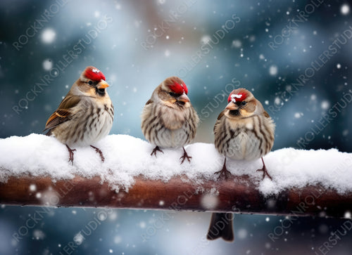 Cute funny merry Christmas sparrows in the New Year with a red cap with little red hats during a snowfall. Merry Christmas and Happy New Year.