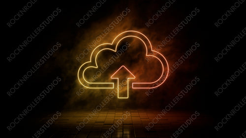Orange and yellow neon light cloud upload icon. Vibrant colored technology symbol, isolated on a black background. 3D Render