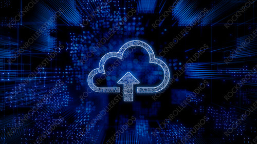 Data storage Technology Concept with cloud upload symbol against a Futuristic, Blue Digital Grid background. Network Tech Wallpaper. 3D Render