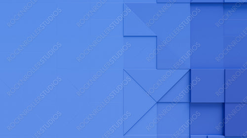 3D blocks of different shapes and sizes interlock to create a wall. Blue Tech wallpaper with copy-space.