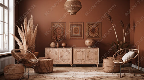 Ethnic Interior Design Background. Stylish Living Room. Generative AI.