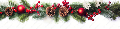 Festive Christmas border, isolated on white background. Fir green branches are decorated with gold baubels, fir cones and red berries. Close-up.