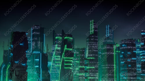 Sci-fi City Skyline with Green and Blue Neon lights. Night scene with Visionary Architecture.