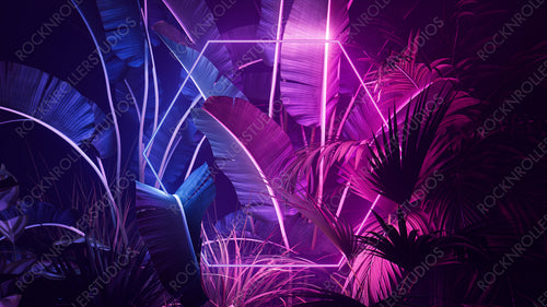 Trendy Background Design. Tropical Plants with Pink and Blue, Hexagon shaped Neon Frame.