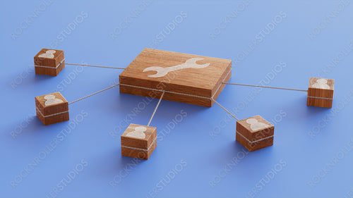 Configure Technology Concept with tool Symbol on a Wooden Block. User Network Connections are Represented with White string. Blue background. 3D Render.