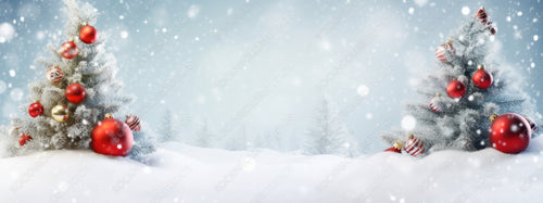 Beautiful Festive Christmas snowy background. Christmas tree decorated with red balls in forest in snowdrifts in snowfall outdoors, banner format, copy space.