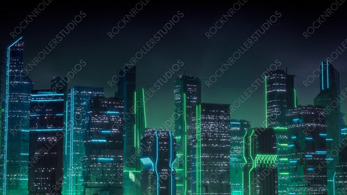 Cyberpunk Metropolis with Green and Blue Neon lights. Night scene with Visionary Superstructures.
