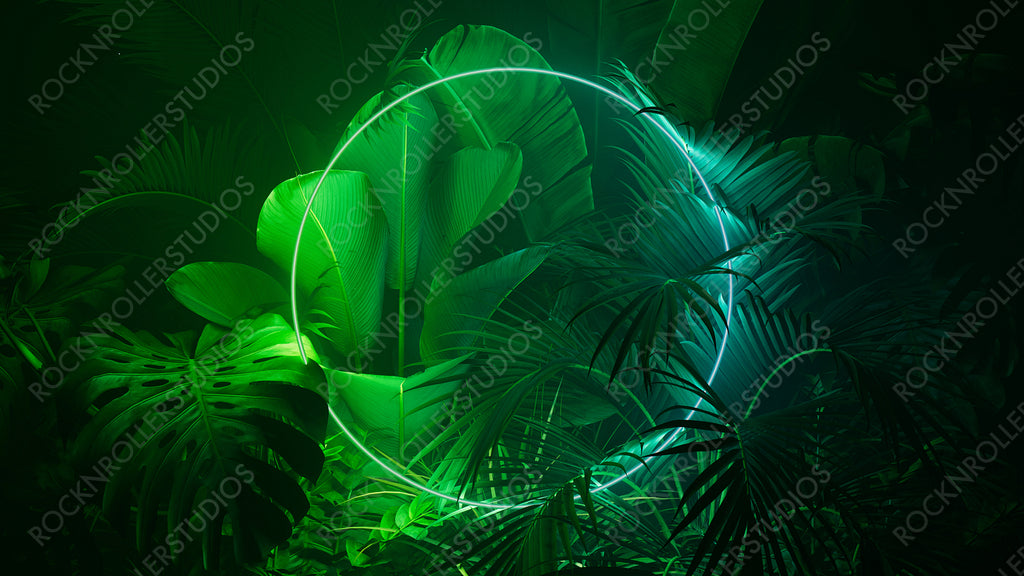 Blue and Green Neon Light with Tropical Plants. Circle shaped Fluorescent Frame in Nature Environment.