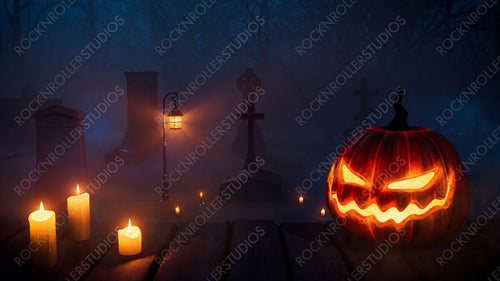 Jack O' Lantern in Creepy Woodland Graveyard. Halloween background.
