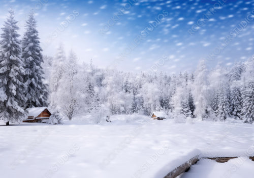 Winter christmas scenic background with copy space. Wooden flooring strewn with snow in forest and landscape with fir-trees covered with snow on nature.