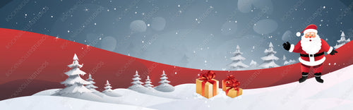 Santa Claus with Christmas Gifts at Snow Fall. Merry Christmas Illustration.