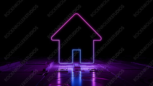 Pink and Blue Internet Technology Concept with home symbol as a neon light. Vibrant colored icon, on a black background with high tech floor. 3D Render
