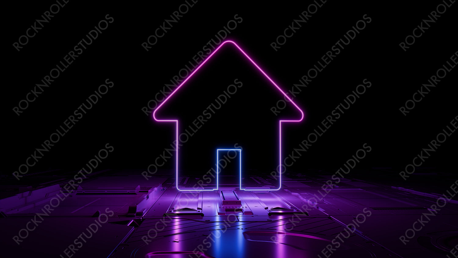 Pink and Blue Internet Technology Concept with home symbol as a neon light. Vibrant colored icon, on a black background with high tech floor. 3D Render