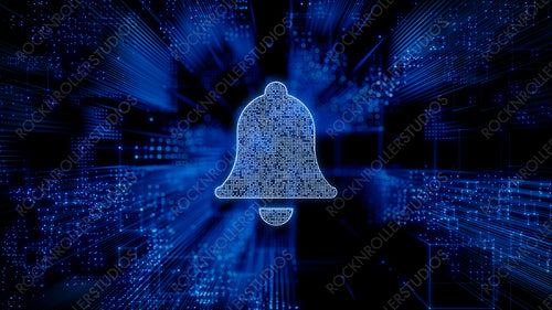 Alert Technology Concept with bell symbol against a Futuristic, Blue Digital Grid background. Network Tech Wallpaper. 3D Render