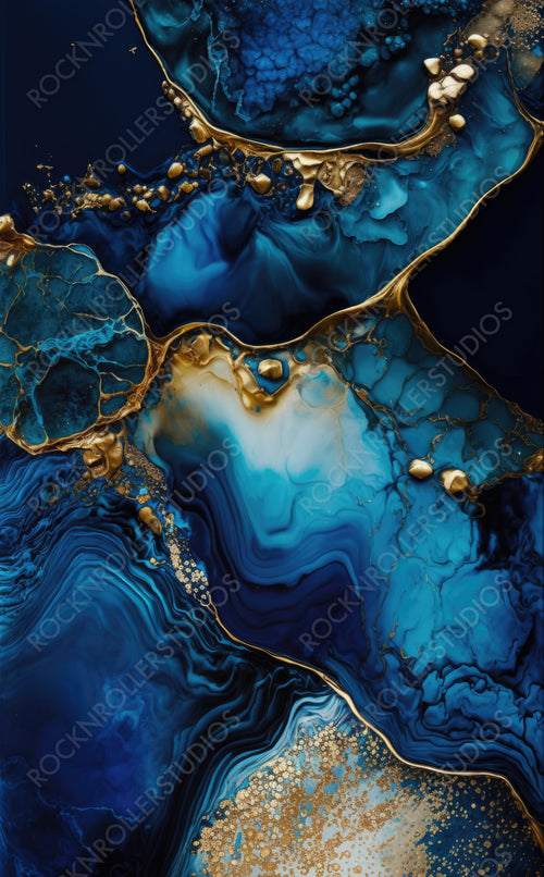 Beautiful Navy Blue Paint Swirls with Gold Glitter. Elegant Acrylic Pour Wallpaper. Generative AI.