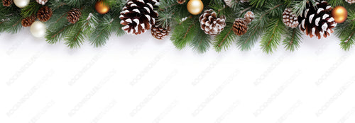 Festive winter Christmas border frame - green fir branches decorated  cones, isolated on white, copy space.