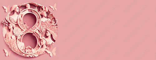 Paper Cut Design to Celebrate International Woman's Day. Beautiful Pink Floral Banner with Number 8, Butterflies and copy-space. Generative AI.