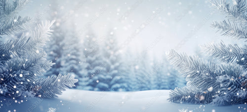 Blue winter christmas nature background frame, wide format. Snow-covered fir branches, snowdrift against defocused blurred forest and falling snow. Close-up, copy space.