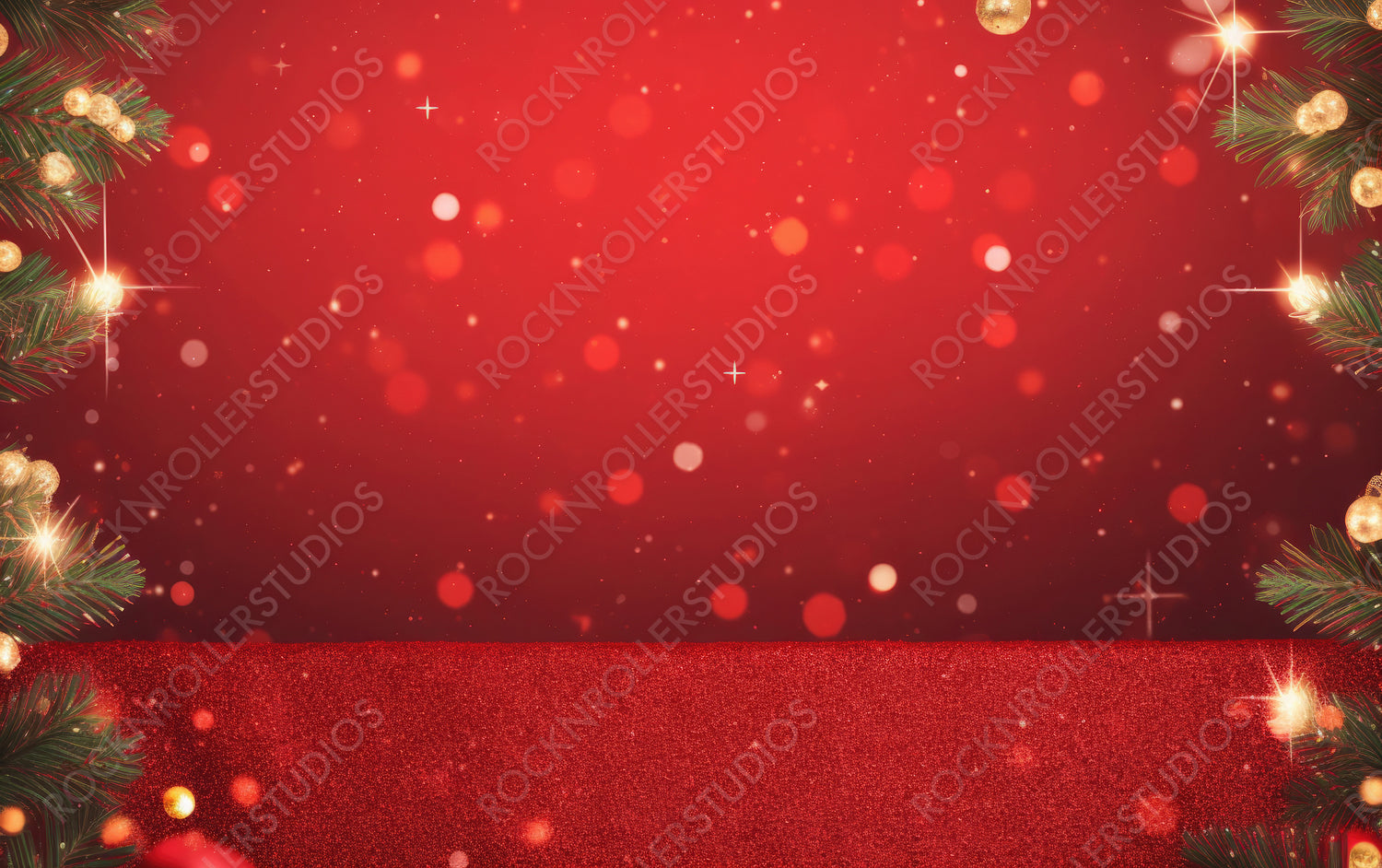 Christmas Background with Xmas Tree and Sparkle Bokeh Lights on Red Canvas Background. Merry Christmas Card. Winter Holiday Theme. Happy New Year. Space For Text