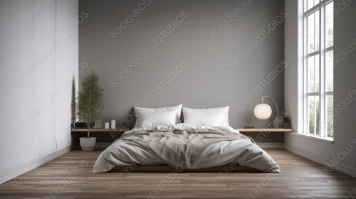 Minimal Bedroom. Stylish Interior Design Background. Generative AI.