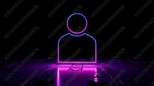 Pink and Blue neon light user icon. Vibrant colored Social technology symbol, on a black background with high tech floor. 3D Render