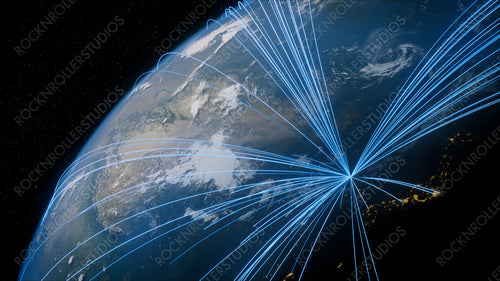 Earth in Space. Blue Lines connect Seoul South, Korea with Cities across the World. Global Travel or Business Concept.