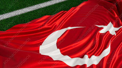 Flag of Turkey on a Sports field. Grass Pitch with a Turkish Flag. Euro 2020 Football Background.