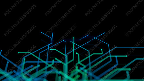 Futuristic Neon Lines form a Technical Grid. Blue and Green Connectivity Concept with copy-space.