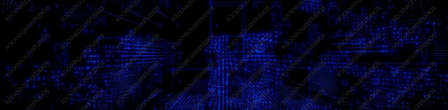 Futuristic, Blue Digital Grid background. Network Tech Wallpaper Banner. 3D Render