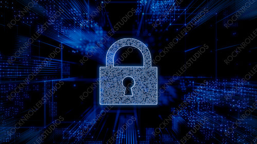 Security Technology Concept with lock symbol against a Futuristic, Blue Digital Grid background. Network Tech Wallpaper. 3D Render