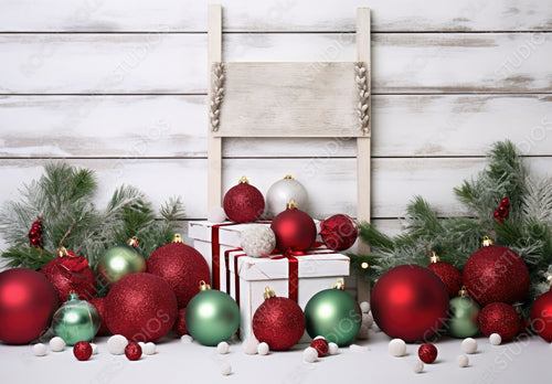 Greeting Festive Christmas composition of green and red balls on white wooden boards in frame fir branches, gifts with with copy-space.