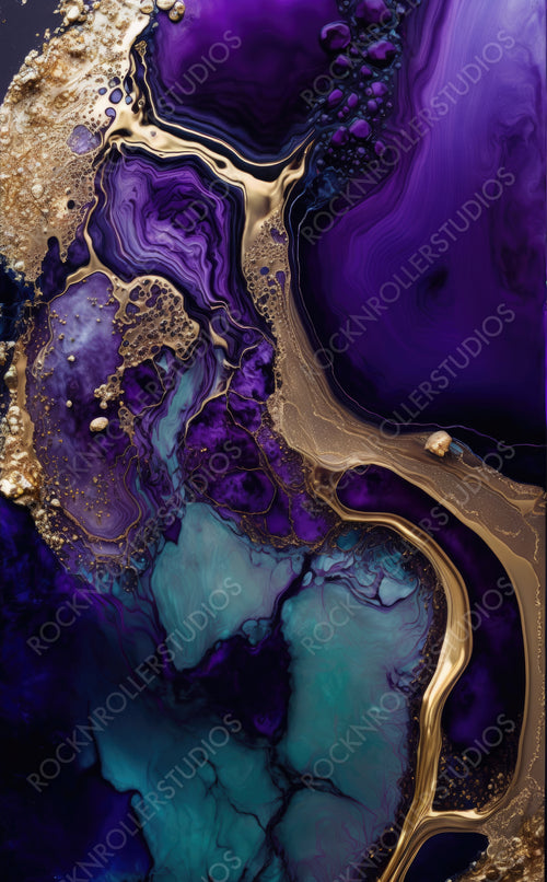 Liquid Swirls in Beautiful Purple and Black colors, with Gold Glitter. Abstract Design Wallpaper. Generative AI.