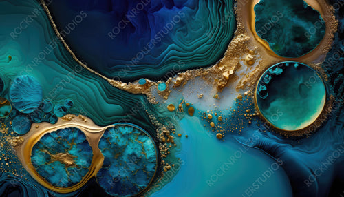 Beautiful Teal and Blue Paint Swirls with Gold Glitter. Modern Art Wallpaper. Generative AI.
