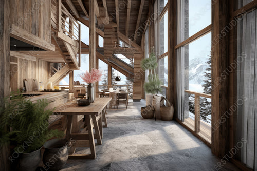 Rustic Ski Chalet. Stylish Interior Design Background. Generative AI.